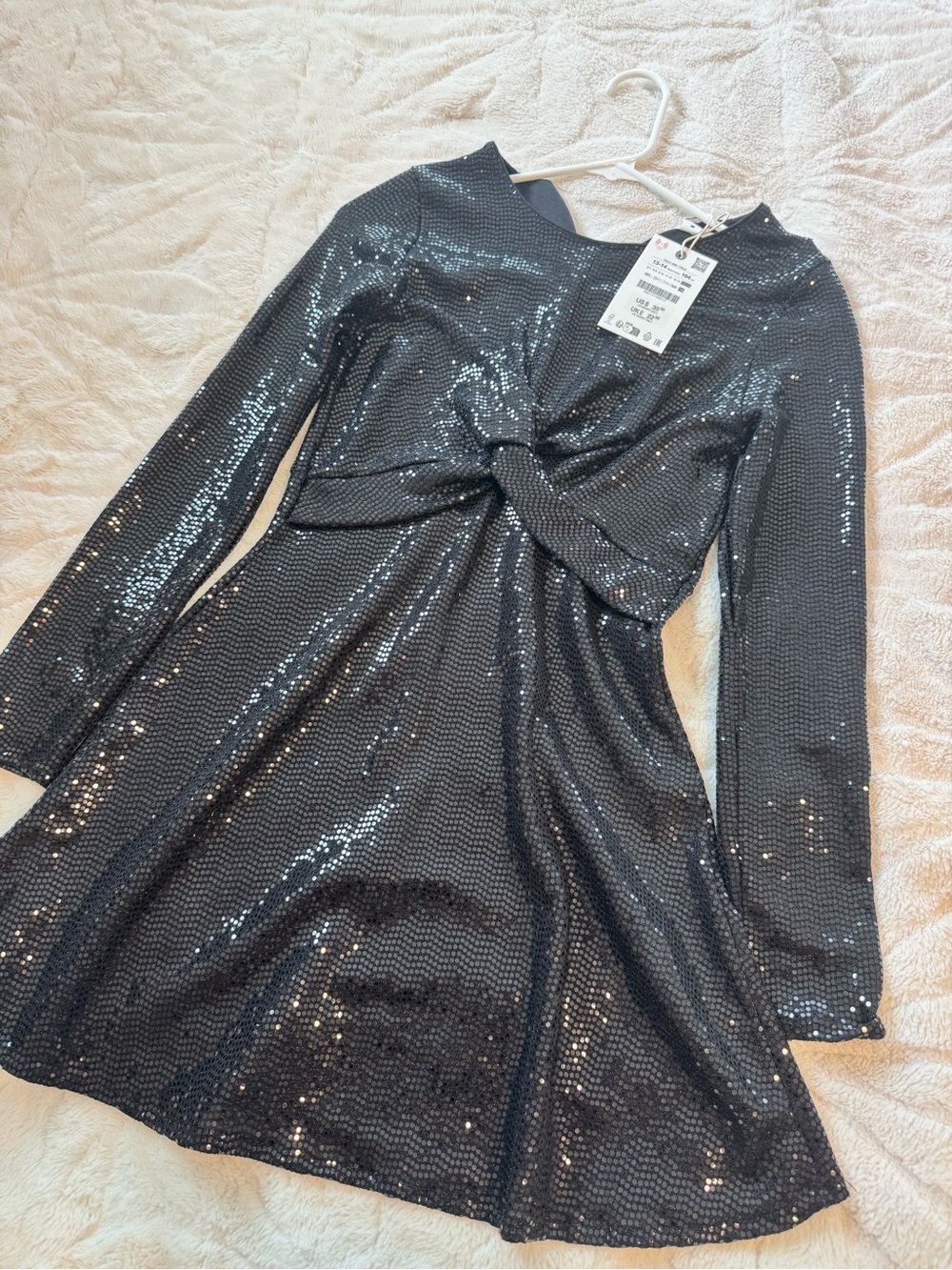Zara Black Sequin Twist-Front Long-Sleeve Dress